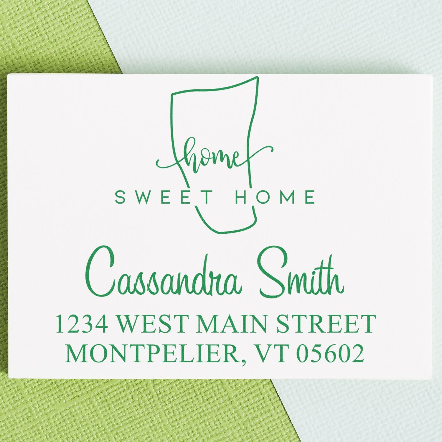 Green custom return address stamp seal with Sweet Home, Cassandra Smith, and Montpelier, VT address on white card