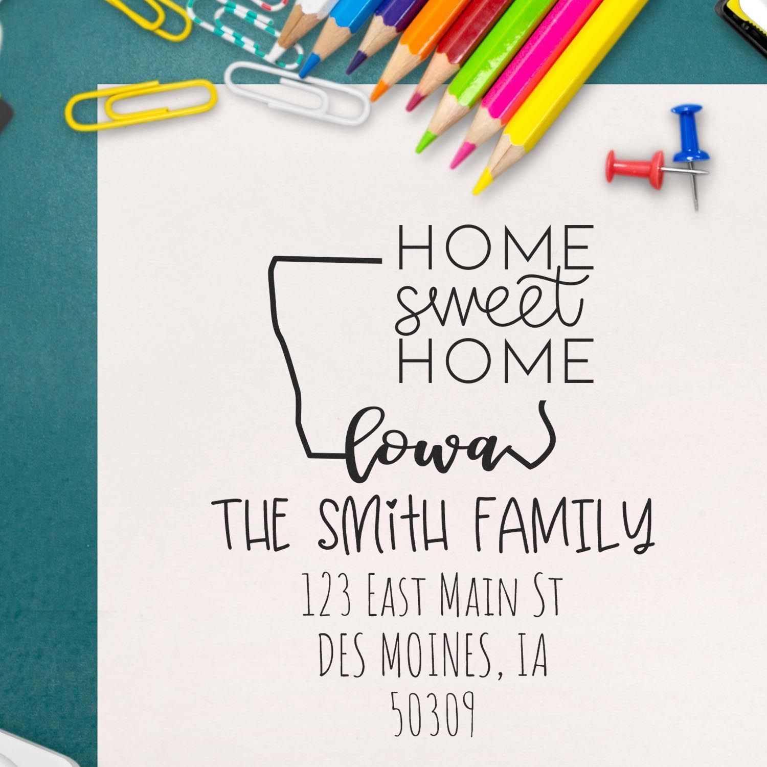 Wood Handle Iowa Home Sweet Home Custom Mailing Address Rubber Stamp - Engineer Seal Stamps