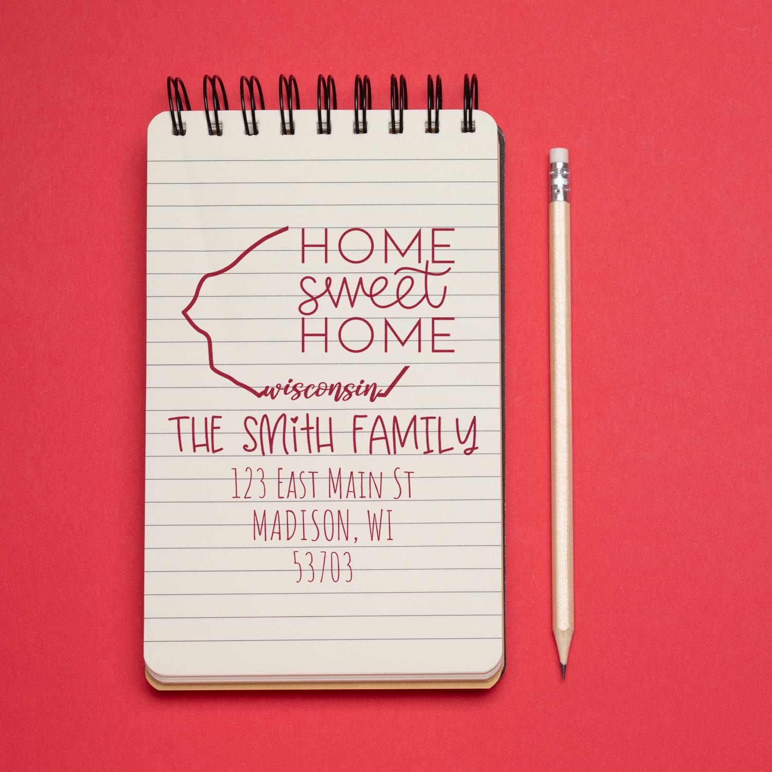Slim Wisconsin Home Sweet Home Customizable Name and Address Stamp - Engineer Seal Stamps