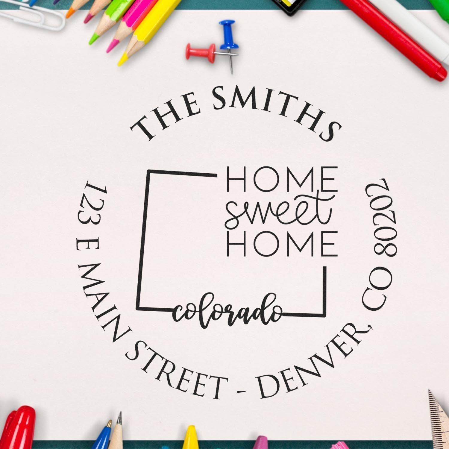 Wooden Handle Round Colorado State Home Sweet Home Address Return Rubber Stamp - Engineer Seal Stamps
