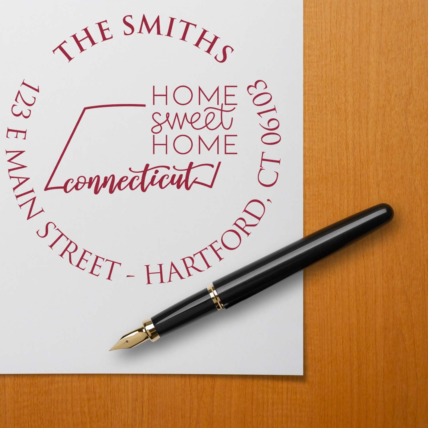 Wooden Handle Round Connecticut State Home Sweet Home Address Rubber Stamp - Engineer Seal Stamps