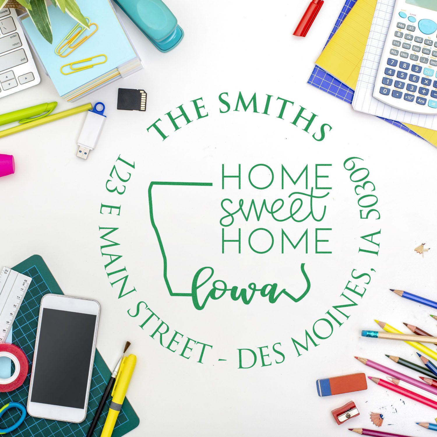 Self-Inking Round Iowa State Home Sweet Home Personalized Mailing Stamp - Engineer Seal Stamps