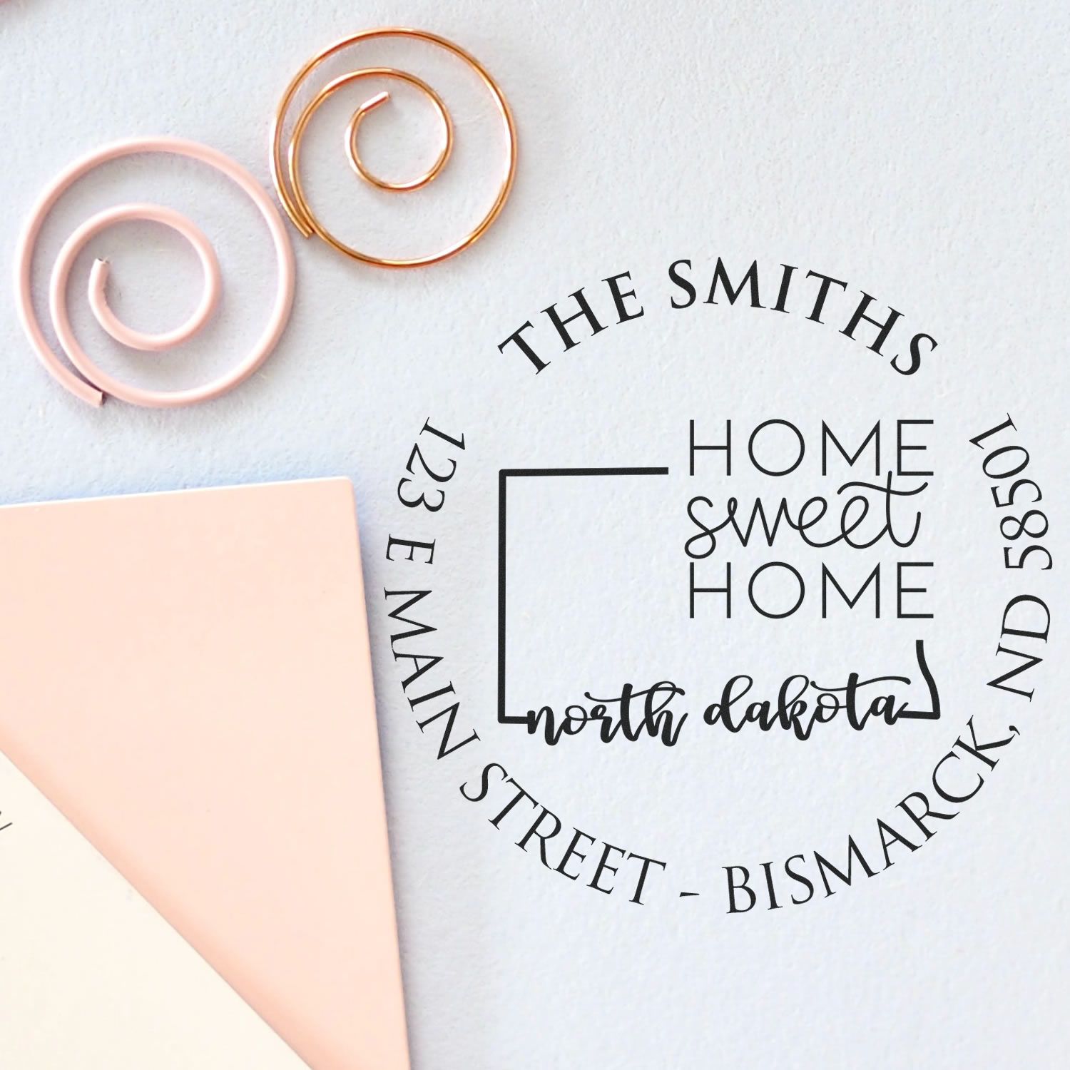 Wooden Handle Round North Dakota State Home Sweet Home Custom Mailing Rubber Stamp - Engineer Seal Stamps