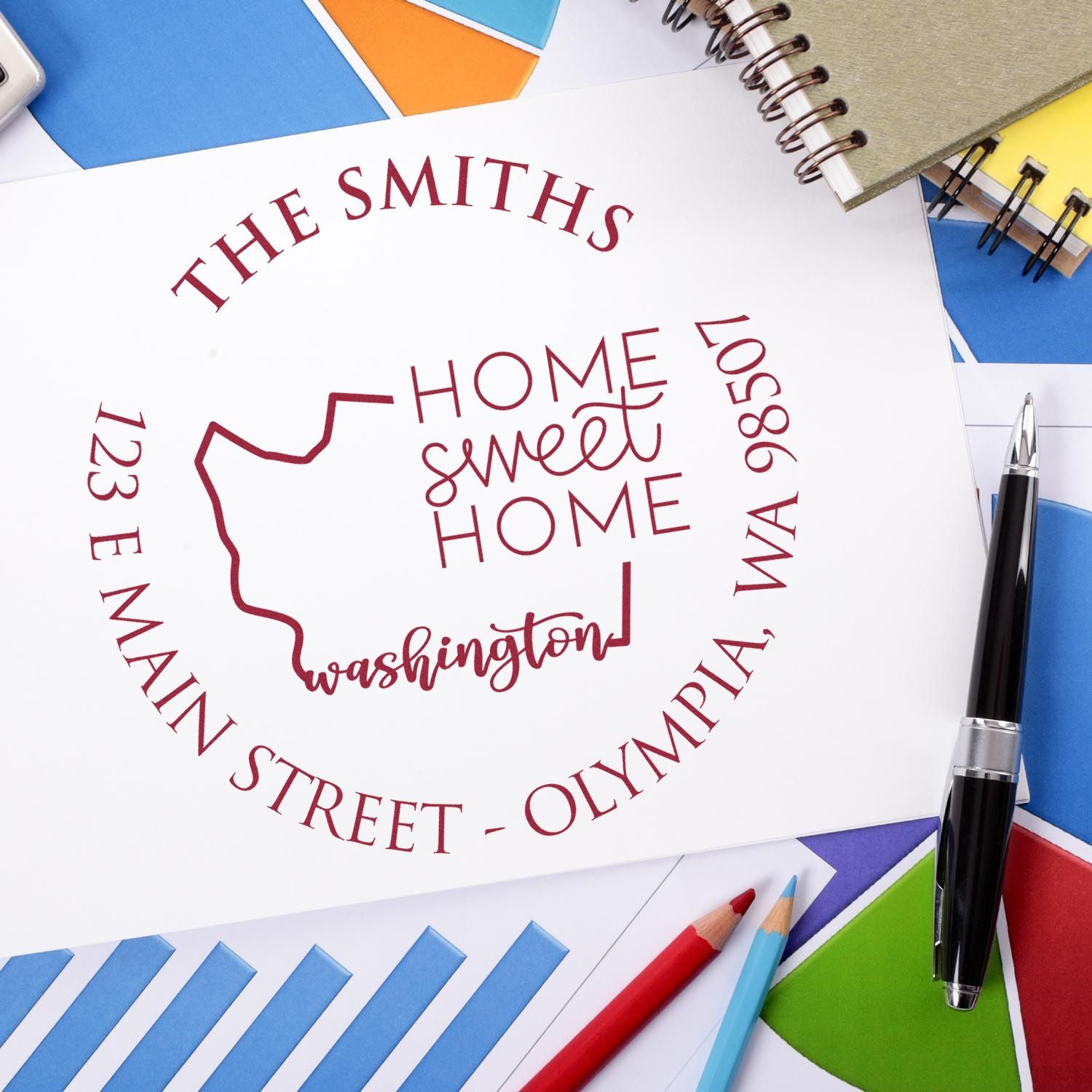 Wooden Handle Round Washington State Home Sweet Home Custom Return Address Stamp - Engineer Seal Stamps