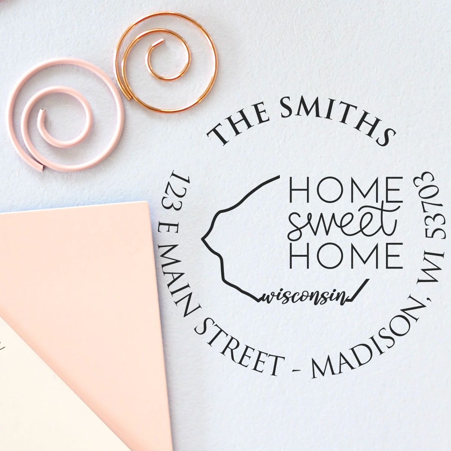 Wooden Handle Round Wisconsin State Home Sweet Home Customizable Address Label Rubber Stamp - Engineer Seal Stamps