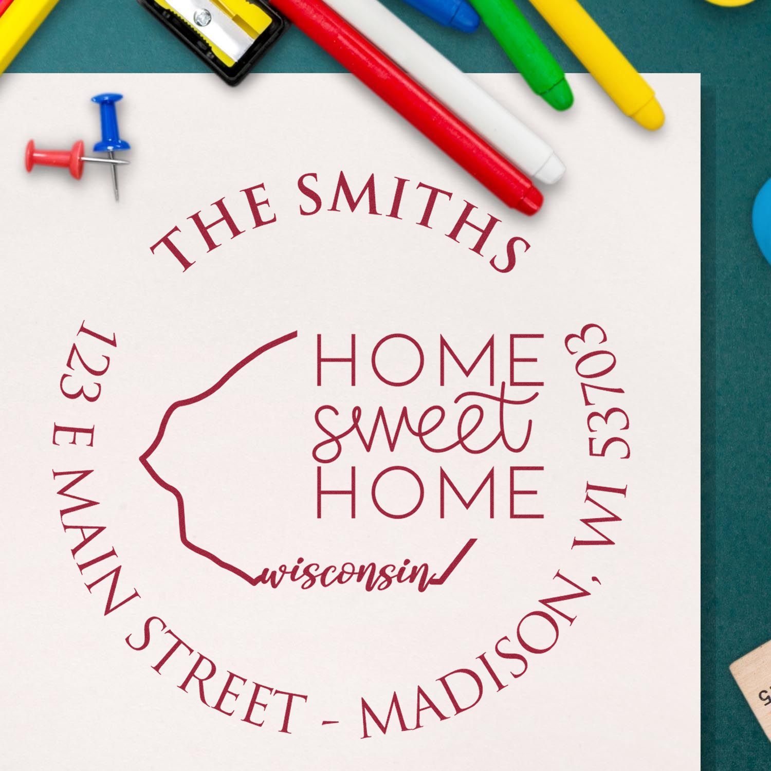 Round PSI Wisconsin State Home Sweet Home Personalized Name and Address Stamp - Engineer Seal Stamps