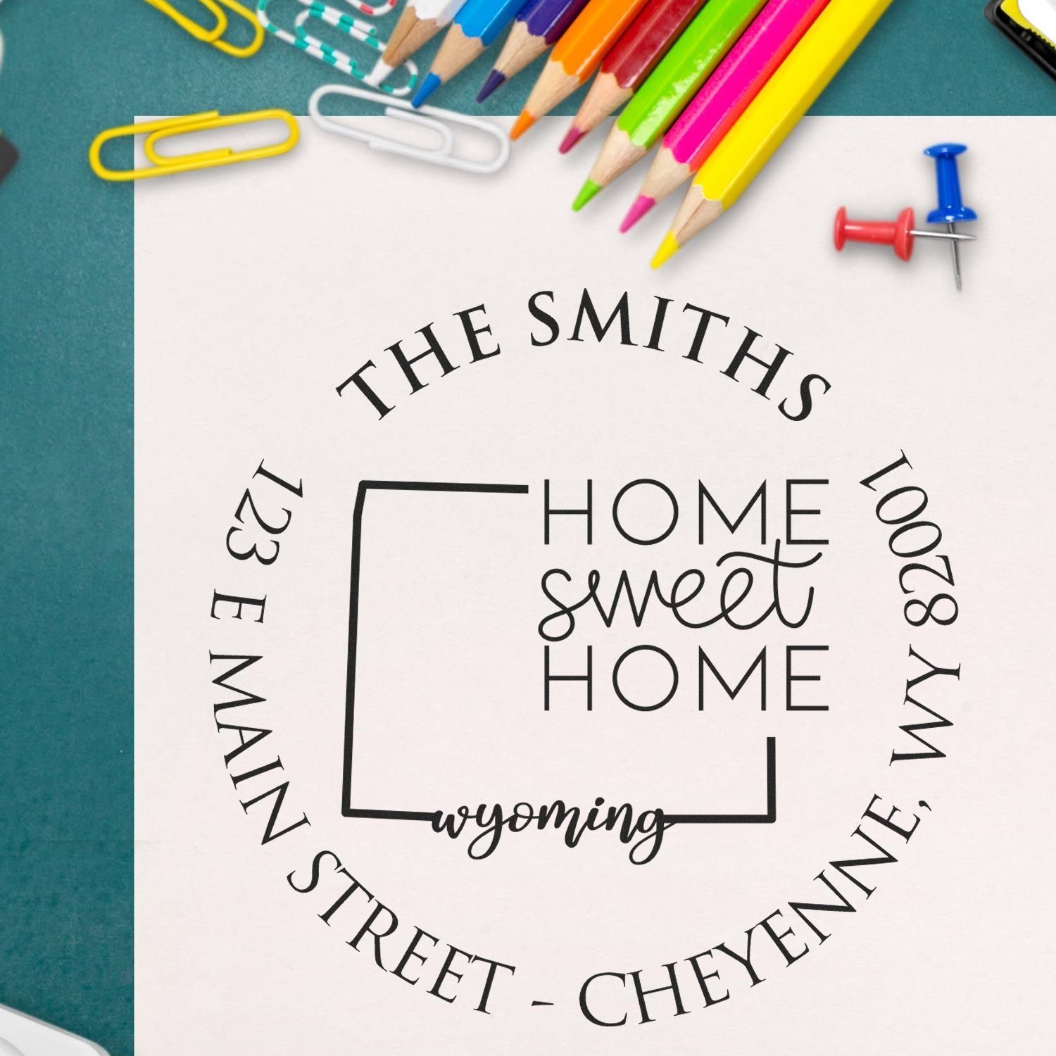 Wooden Handle Round Wyoming State Home Sweet Home Customizable Address Label Stamp - Engineer Seal Stamps