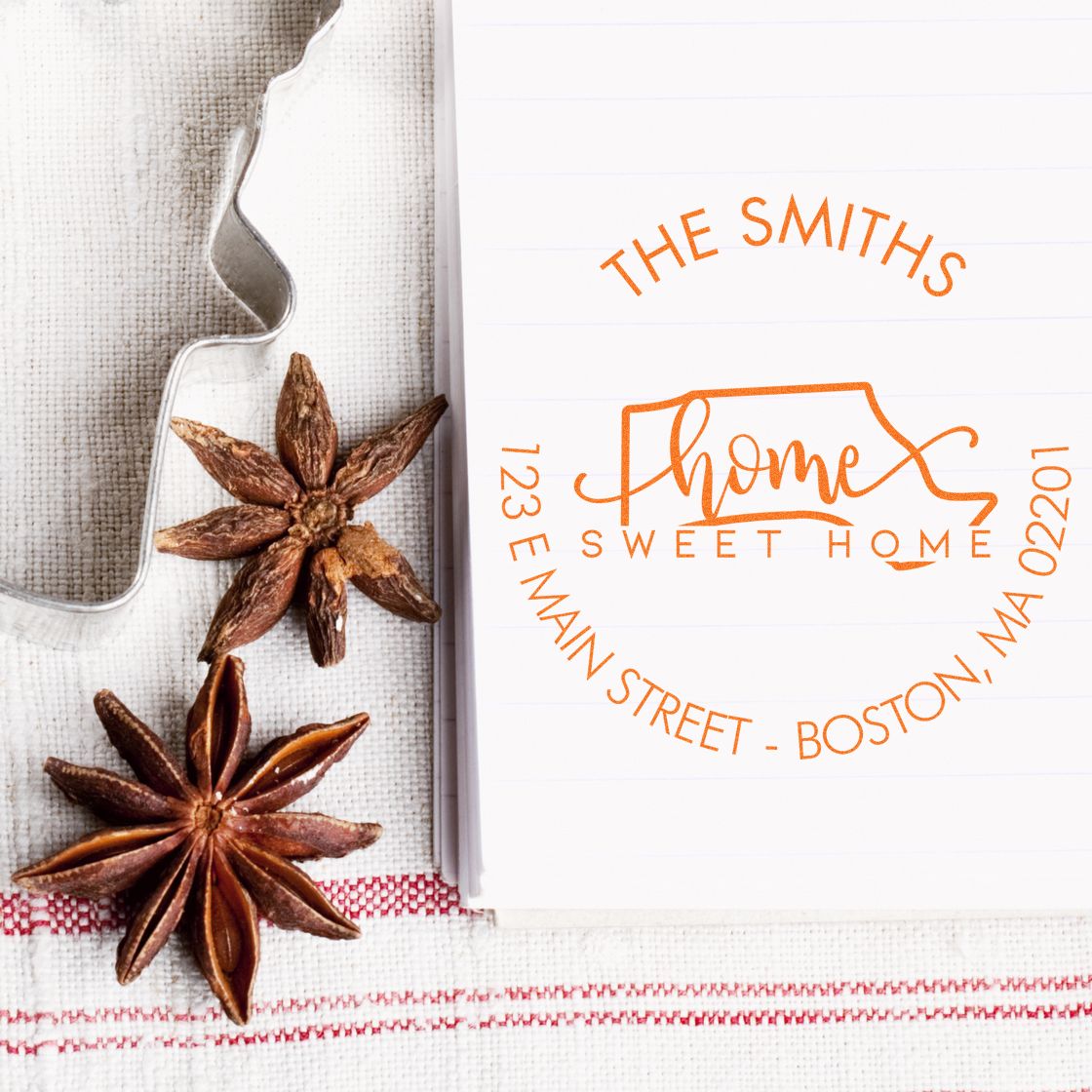 Wooden Handle Round Home Sweet Home for Massachusetts Customizable Mailing Address Rubber Stamp - Engineer Seal Stamps