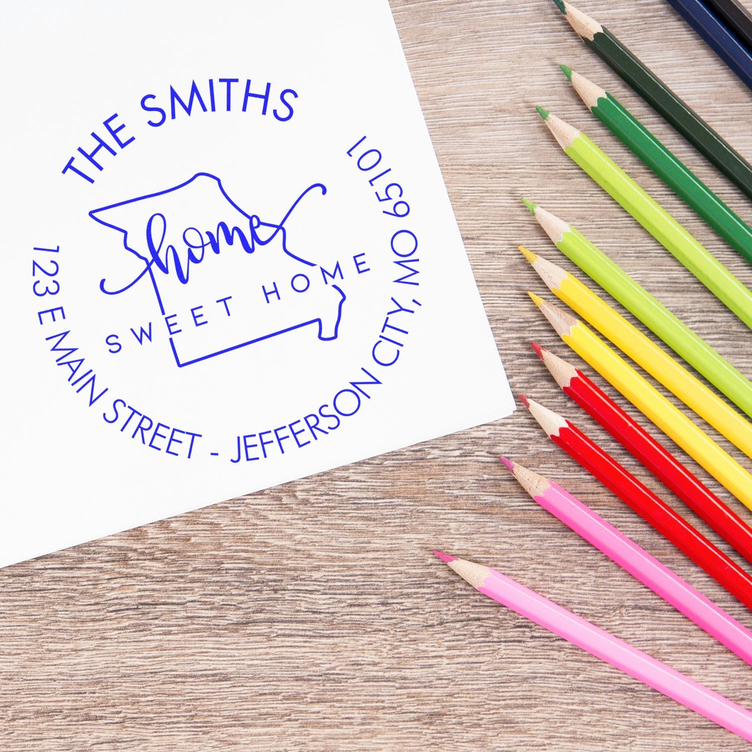 Wooden Handle Round Home Sweet Home for Missouri Customizable Name and Address Rubber Stamp - Engineer Seal Stamps