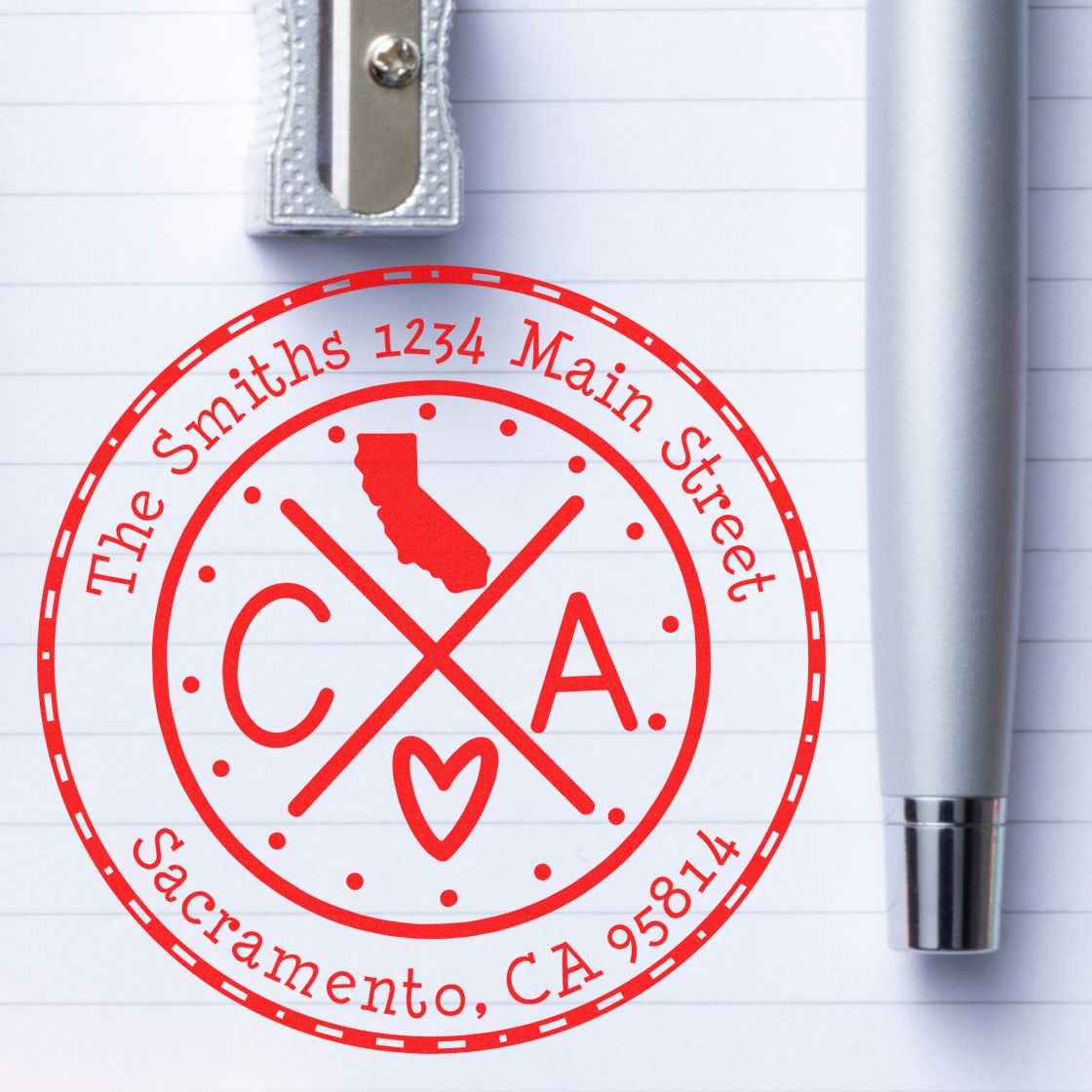 Self-Inking Round California State Cross Customizable Name and Address Rubber Stamp - Engineer Seal Stamps