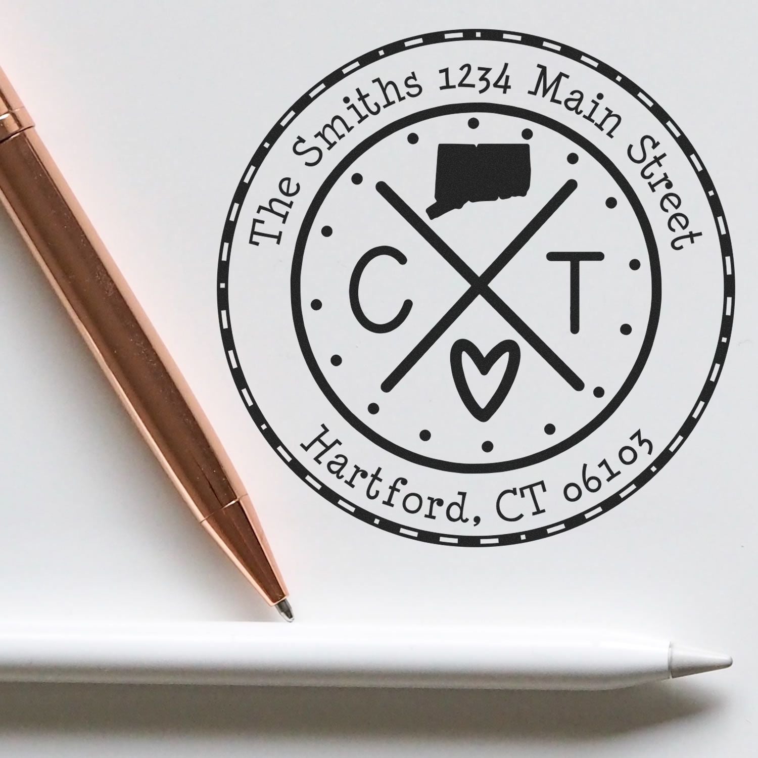 Wooden Handle Round Connecticut State Cross Customized Mailing Address Rubber Stamp - Engineer Seal Stamps