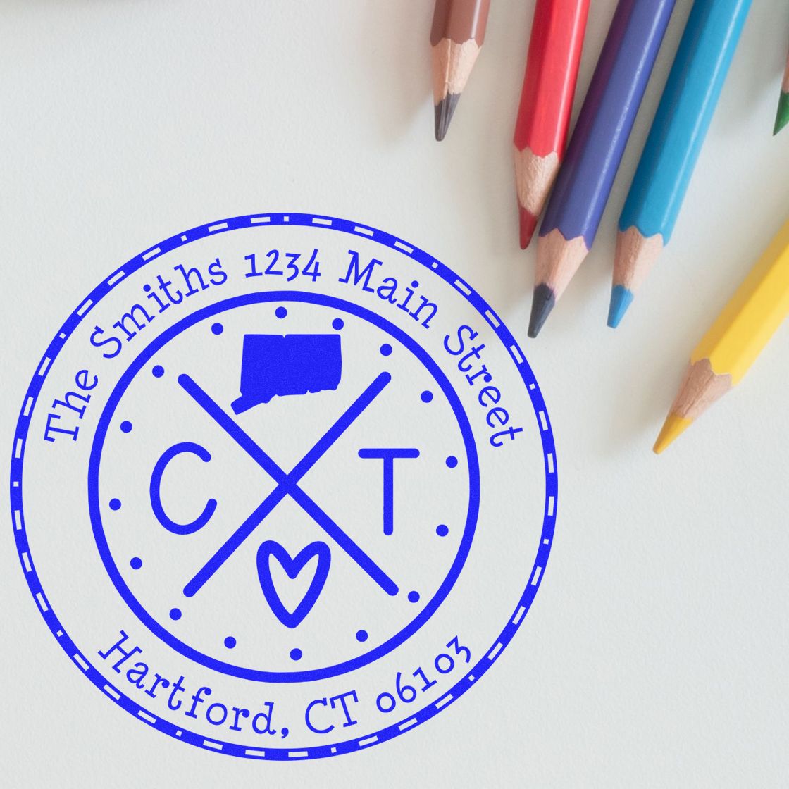 Self-Inking Round Connecticut State Cross Customizable Name and Address Stamper - Engineer Seal Stamps