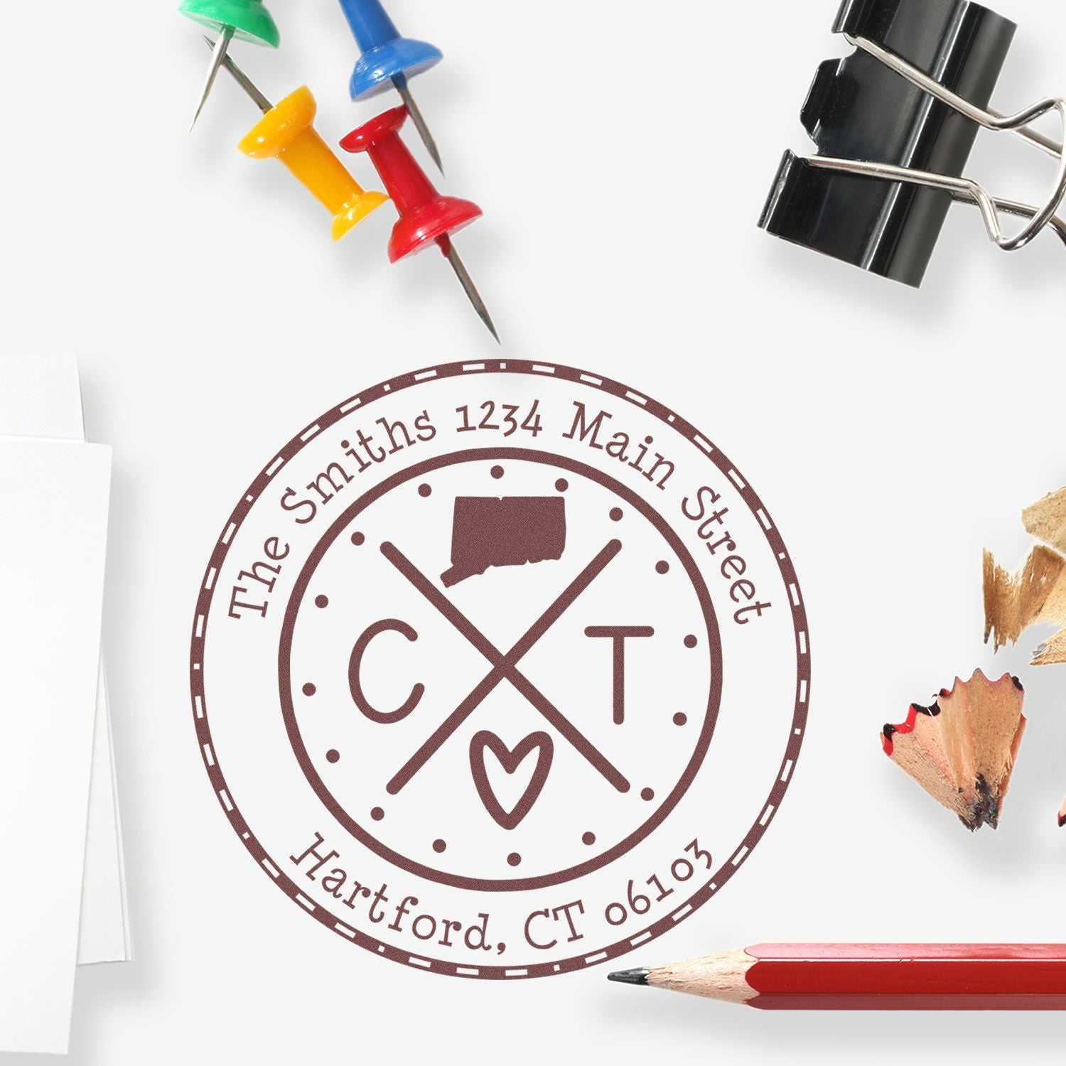 Wooden Handle Round Connecticut State Cross Customized Mailing Address Rubber Stamp - Engineer Seal Stamps