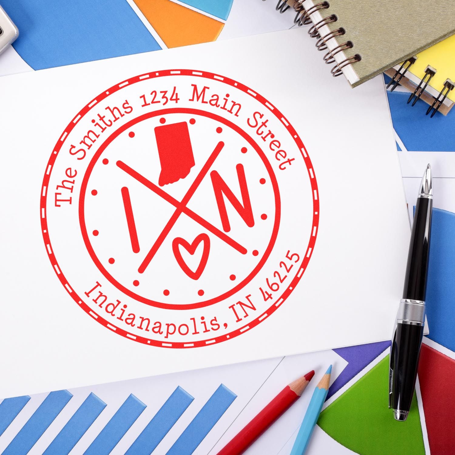 Wooden Handle Round Indiana State Cross Customized Name and Address Stamp - Engineer Seal Stamps