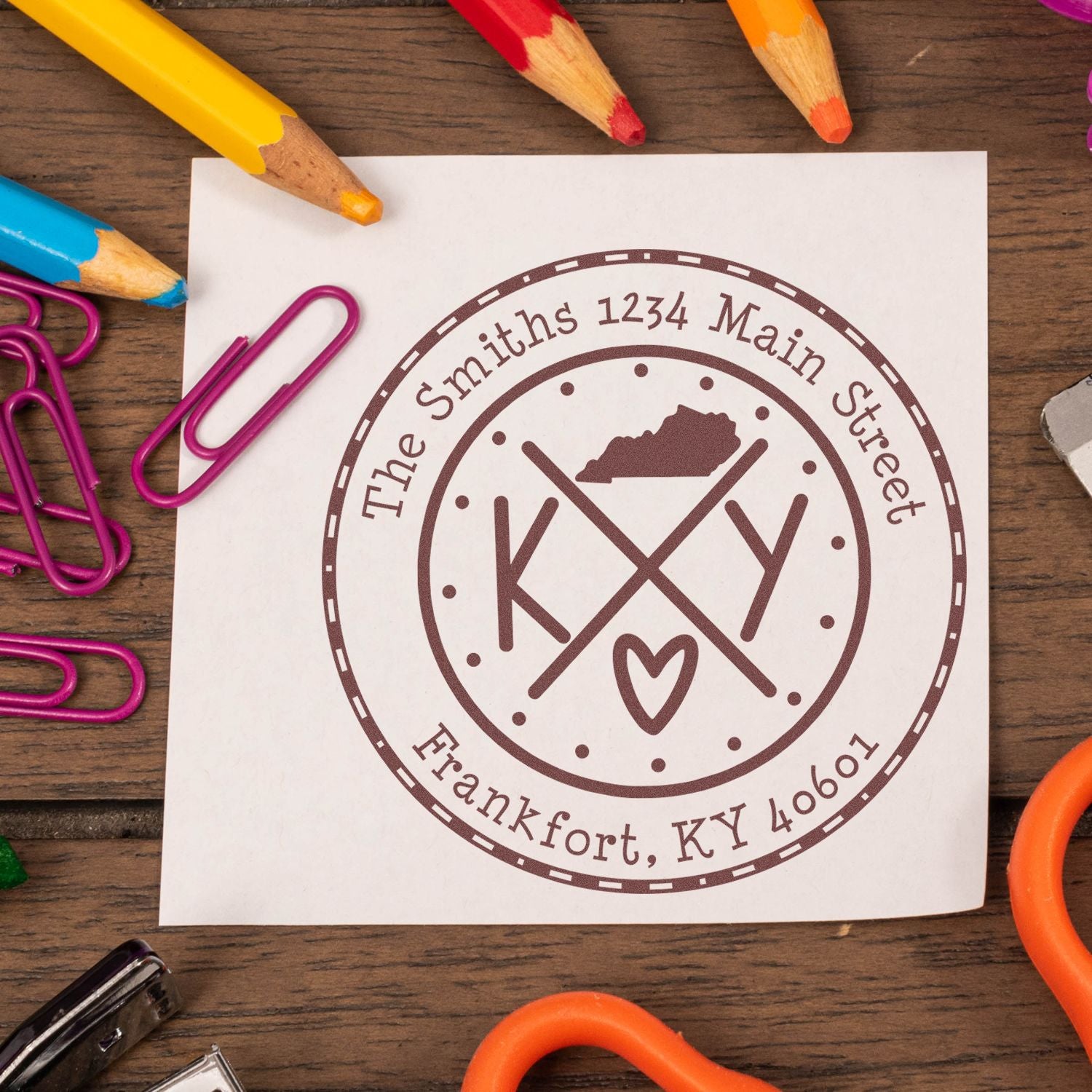 Wooden Handle Round Kentucky State Cross Customized New Address Stamp - Engineer Seal Stamps