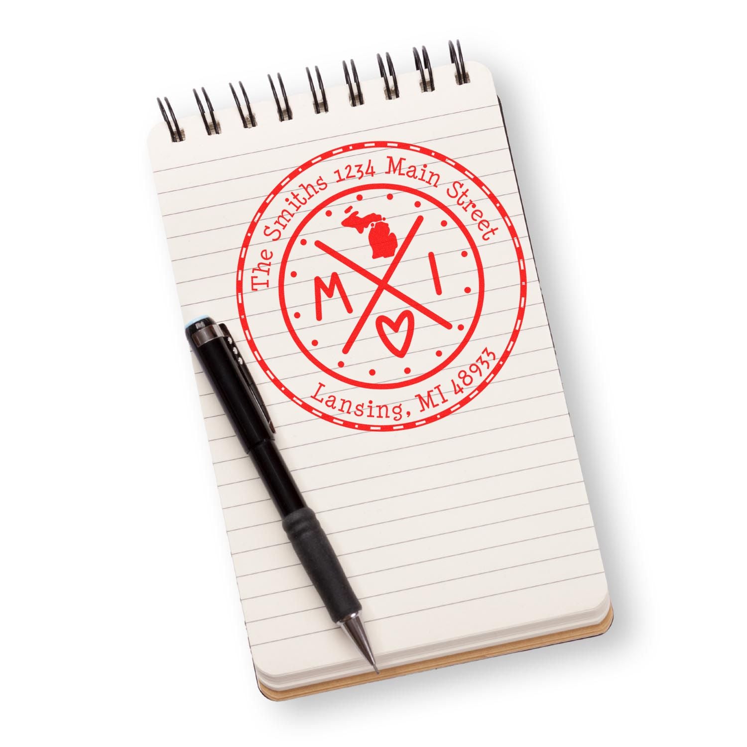 Wooden Handle Round Michigan State Cross Customized Return Address Rubber Stamp - Engineer Seal Stamps