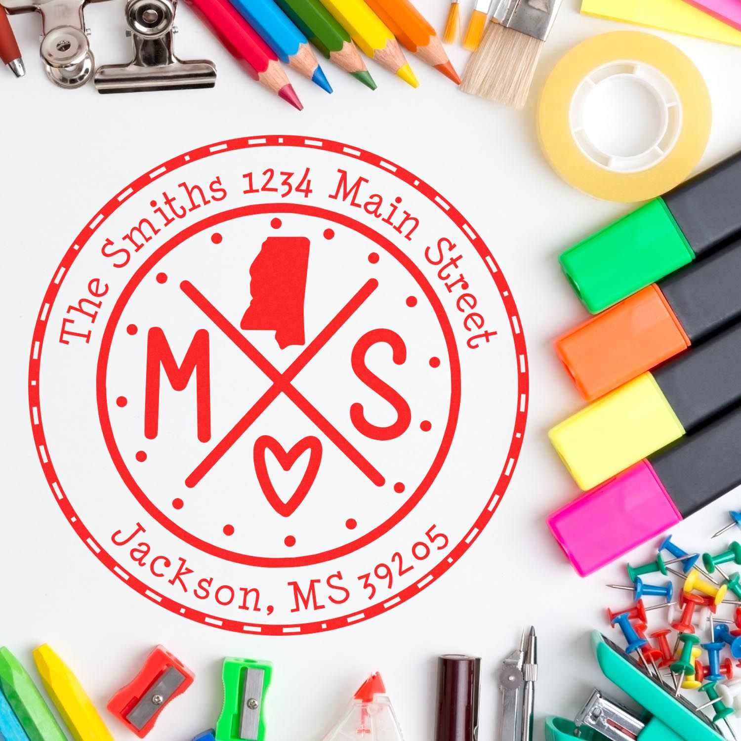 Self-Inking Round Mississippi State Cross Customized Address Stamp - Engineer Seal Stamps