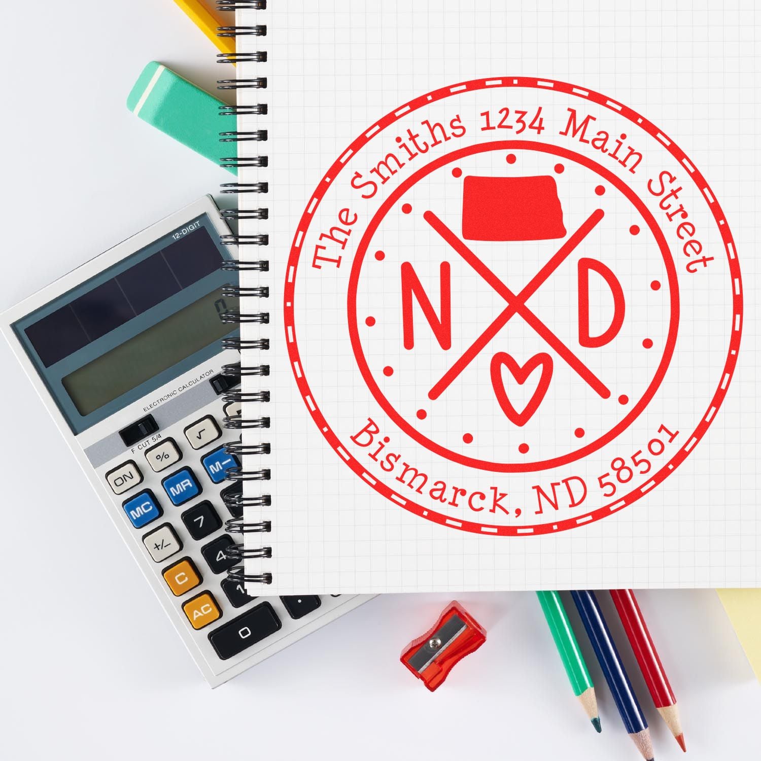 Self-Inking Round North Dakota State Cross Customized Mail Address Stamper - Engineer Seal Stamps