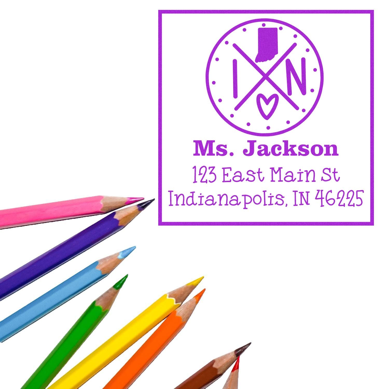 Purple personalized stamp and seal for Ms. Jackson with name and address, shown beside colorful pencils on white background.