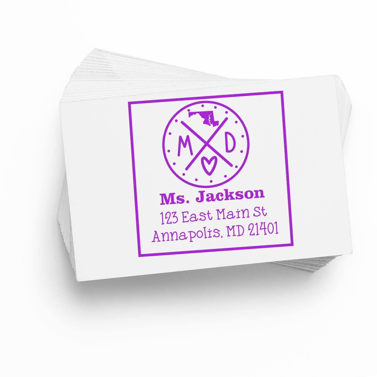 Stack of white custom stamp-and-seal cards with a purple monogram seal, Ms. Jackson, and Annapolis, MD address.