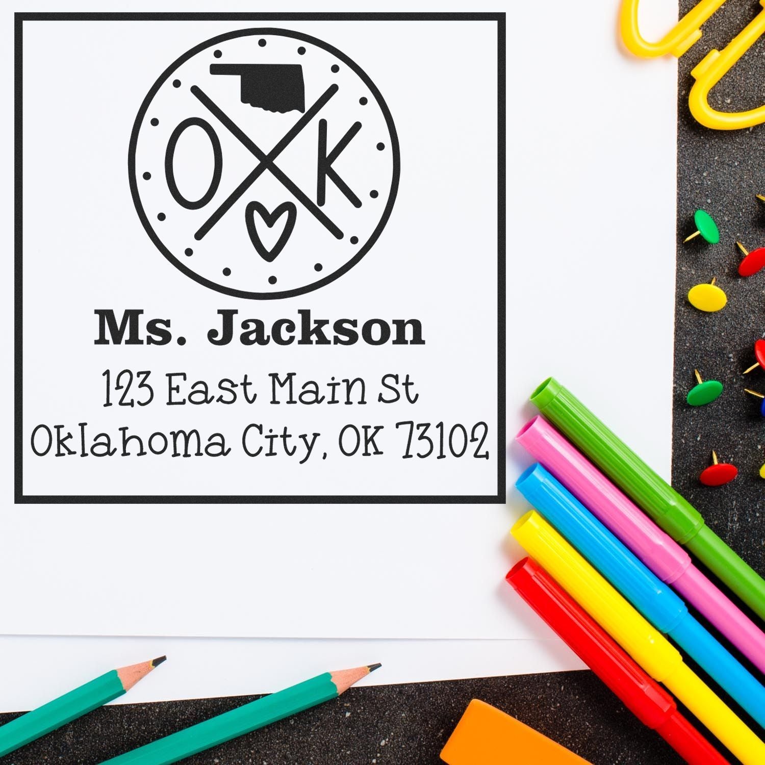 Wood Handle Oklahoma State Cross Customizable New Home Address Rubber Stamp - Engineer Seal Stamps