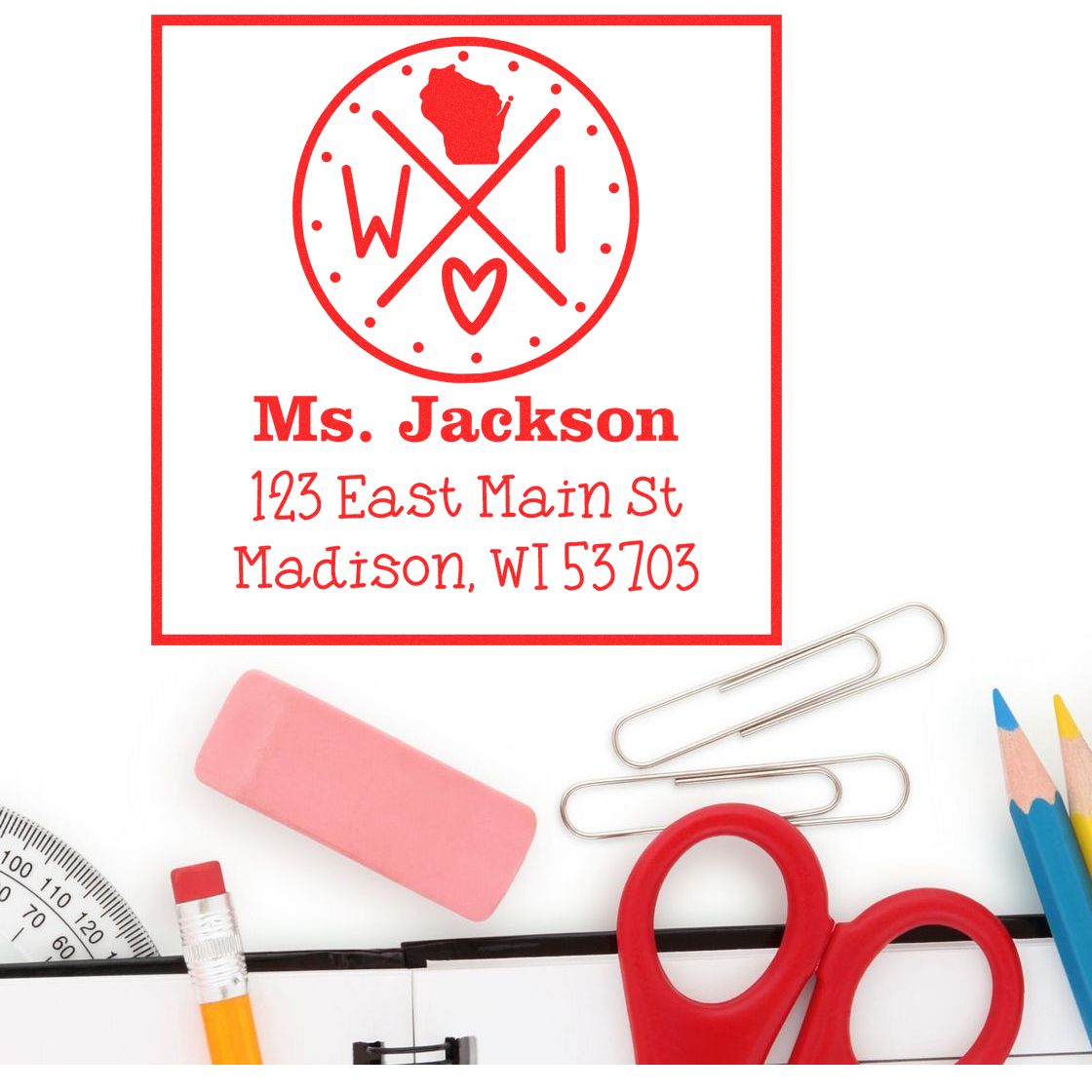 Wood Handle Wisconsin State Cross Customizable Home Address for Envelopes Stamp - Engineer Seal Stamps