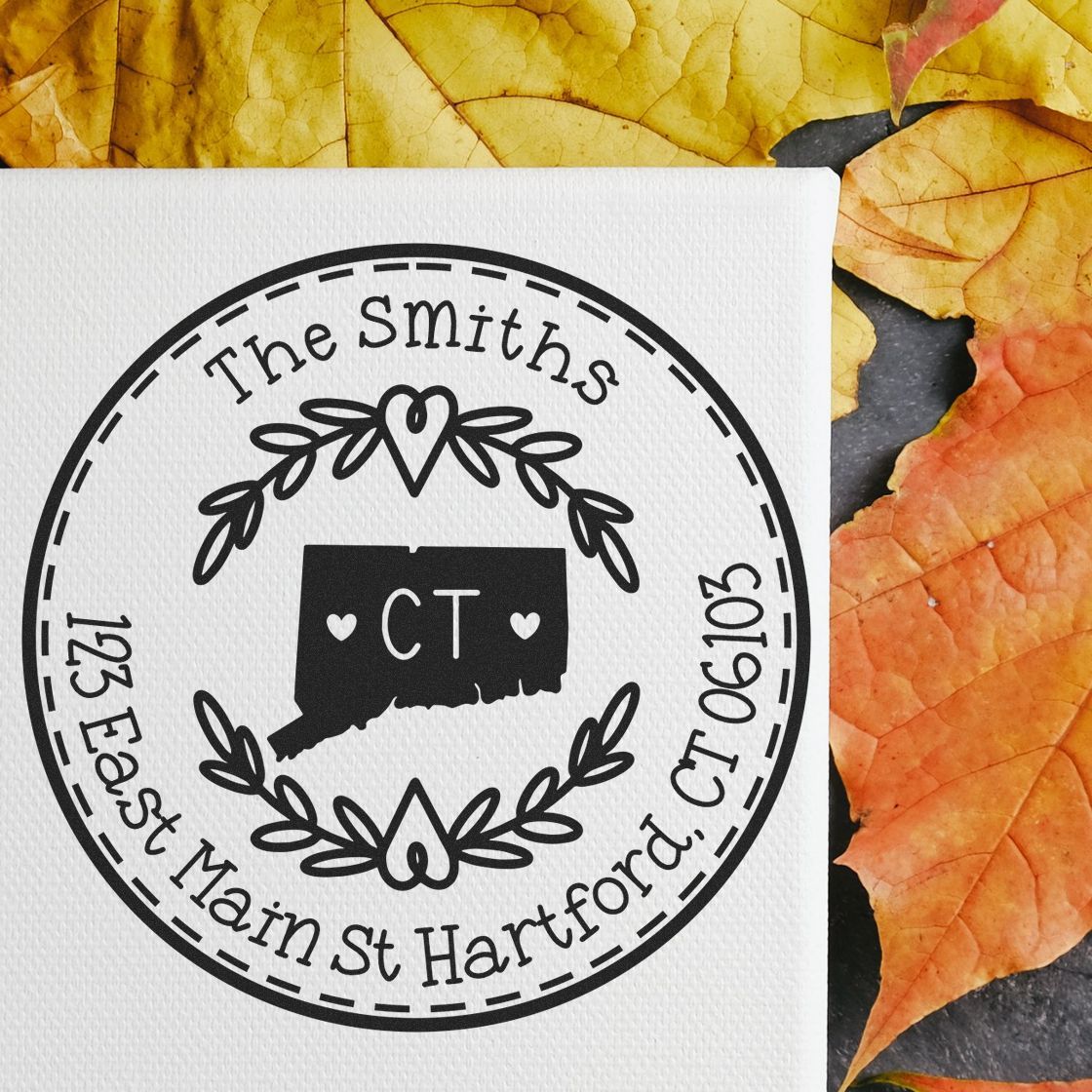 Wooden Handle Round Connecticut State Wreath Custom-Made New Home Address Rubber Stamp - Engineer Seal Stamps