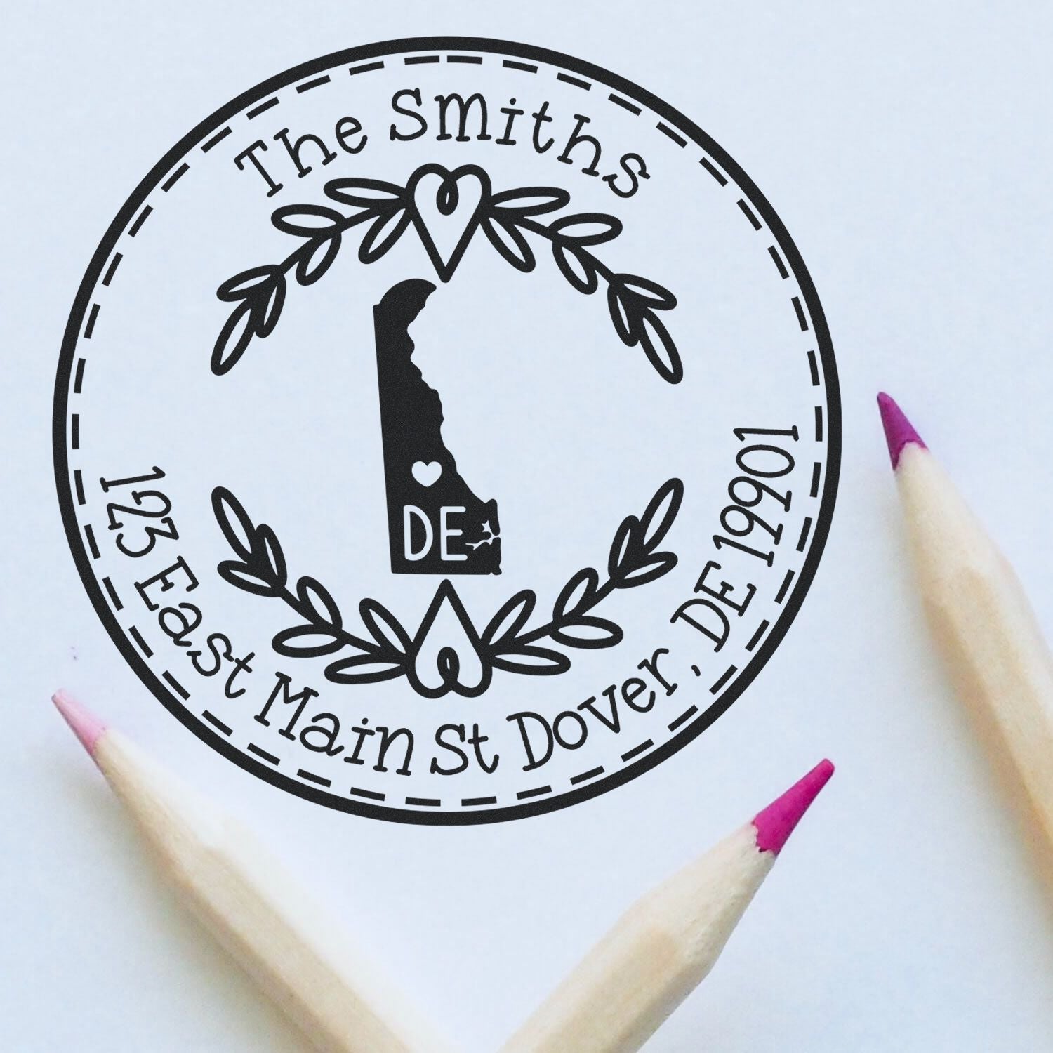 Self-Inking Round Delaware State Wreath Custom-Made Address Return Rubber Stamp - Engineer Seal Stamps
