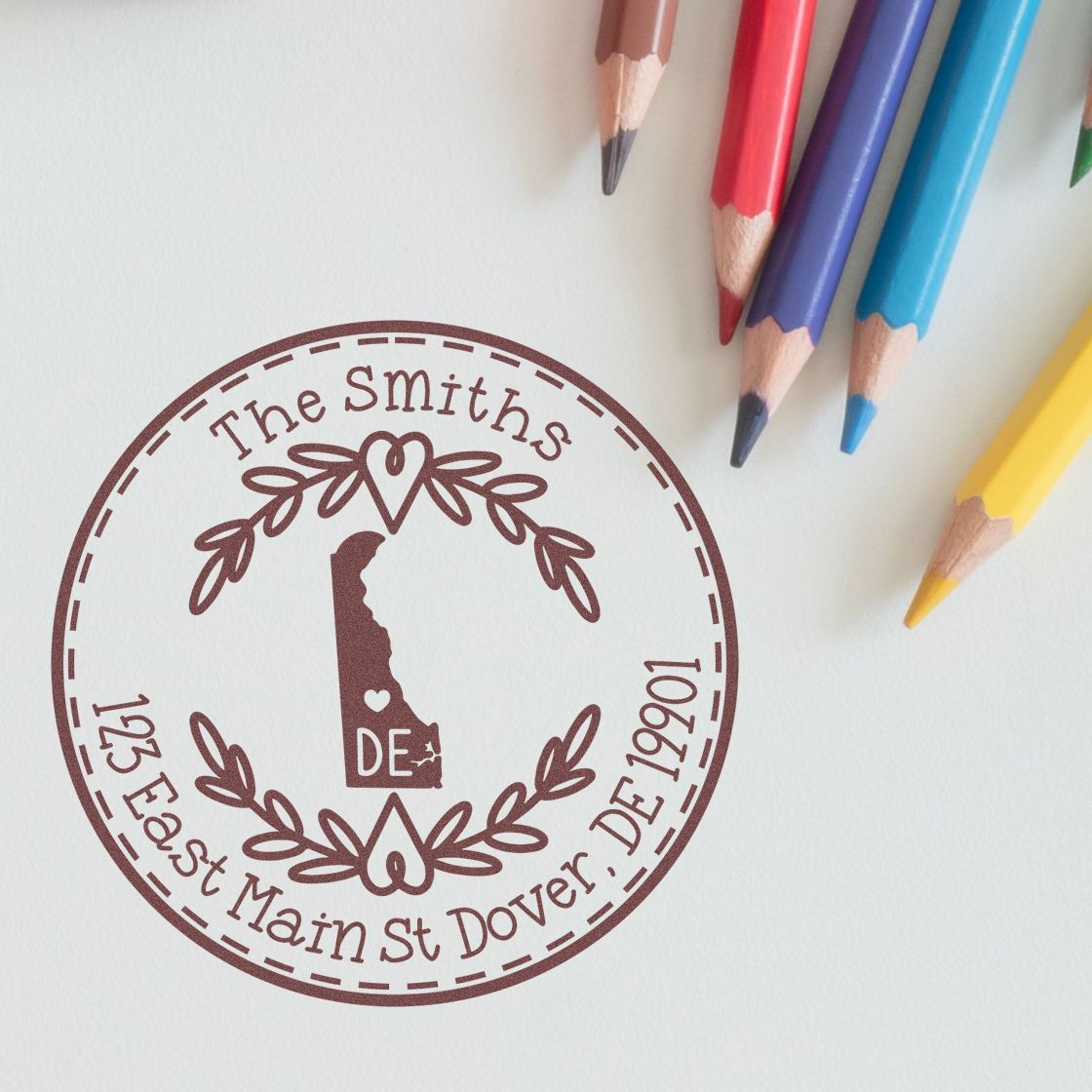 Round PSI Delaware State Wreath Customized Home Address For Envelopes Stamper - Engineer Seal Stamps