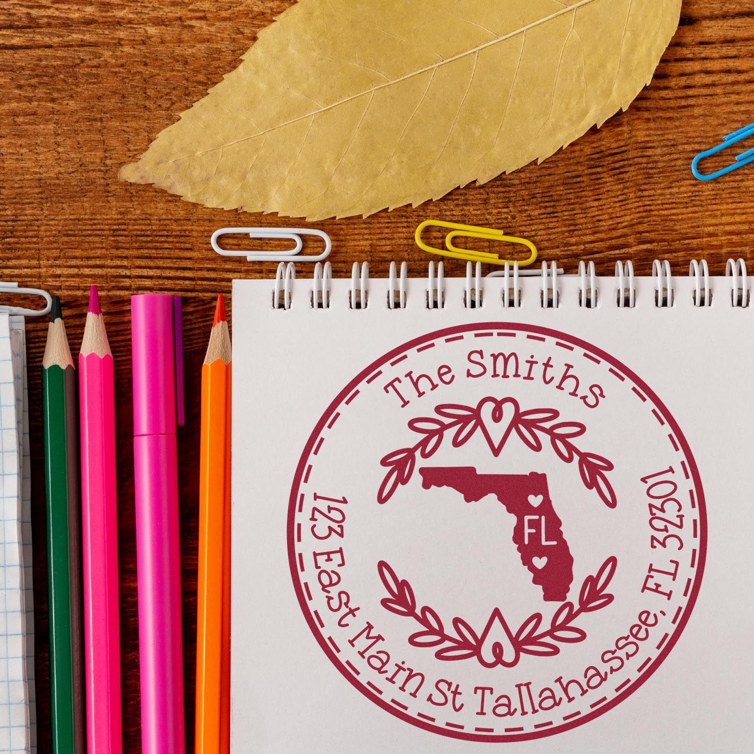 Self-Inking Round Florida State Wreath Custom-Made Address Return Stamp - Engineer Seal Stamps