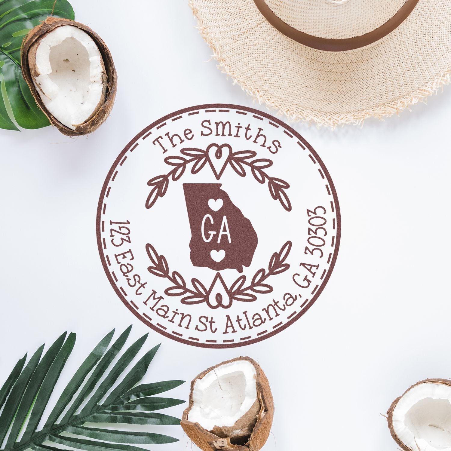 Wooden Handle Round Georgia State Wreath Custom-Made Return Address Rubber Stamp - Engineer Seal Stamps