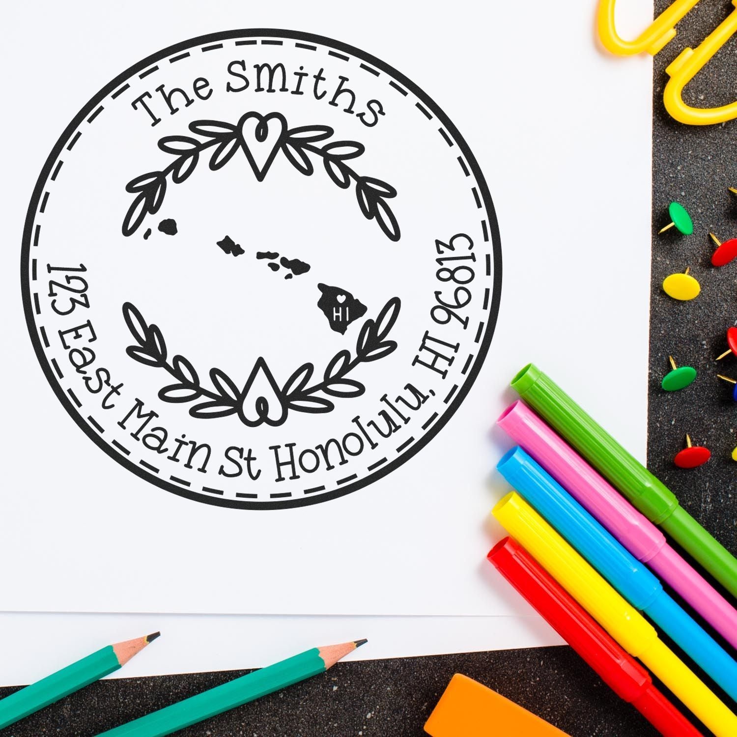 Slim Hawaii State Wreath Customizable Mailing Address Stamp - Engineer Seal Stamps
