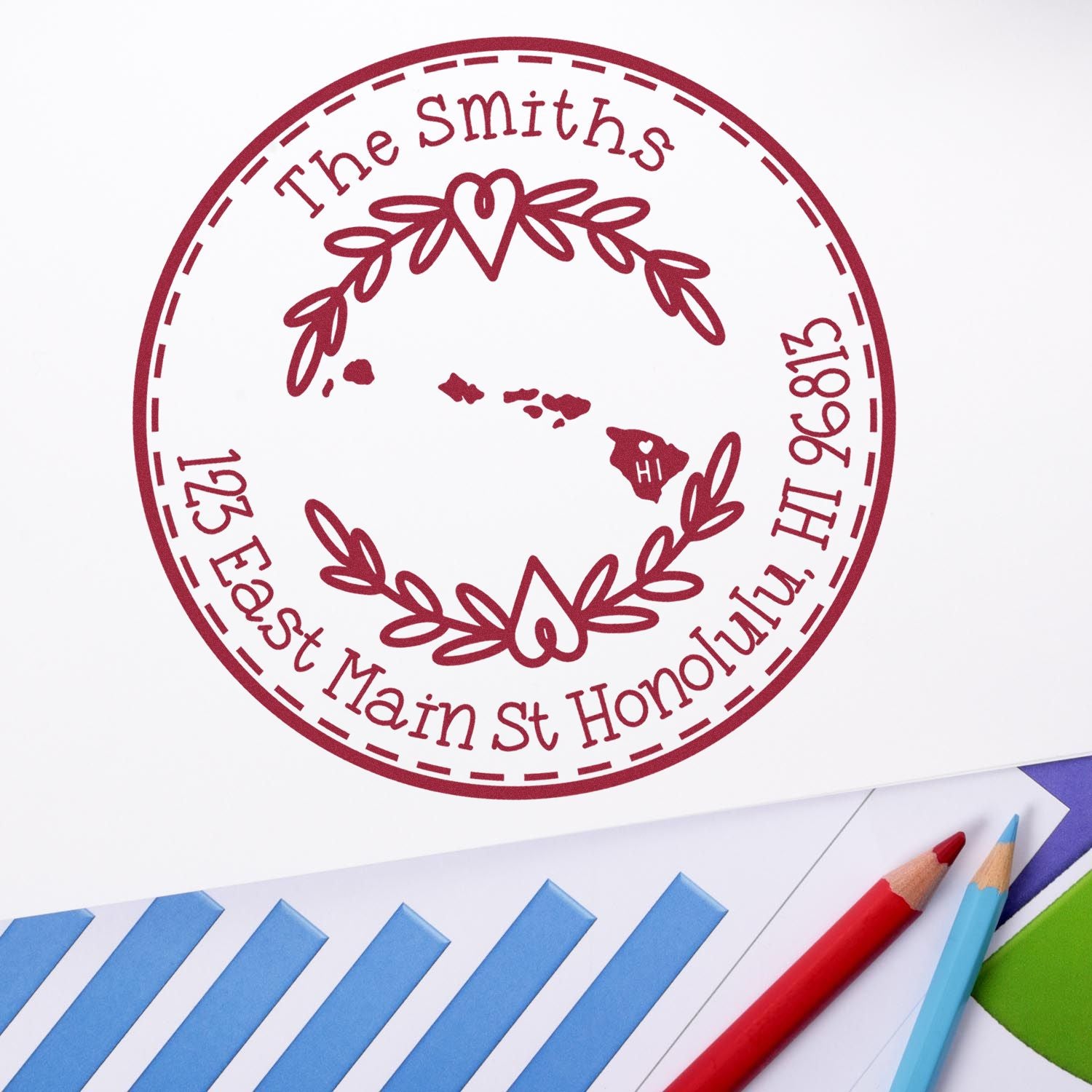 Self-Inking Round Hawaii State Wreath Custom-Made Address Rubber Stamp - Engineer Seal Stamps