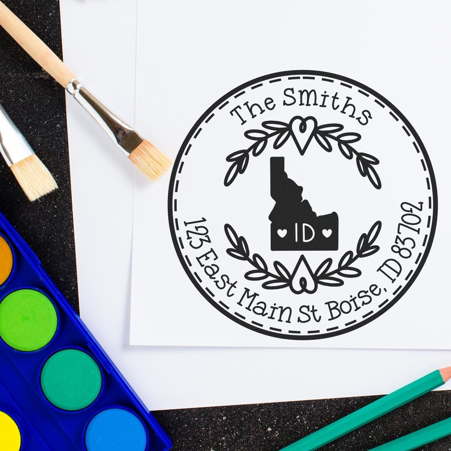 Wooden Handle Round Idaho State Wreath Custom-Made Return Address Rubber Stamp - Engineer Seal Stamps