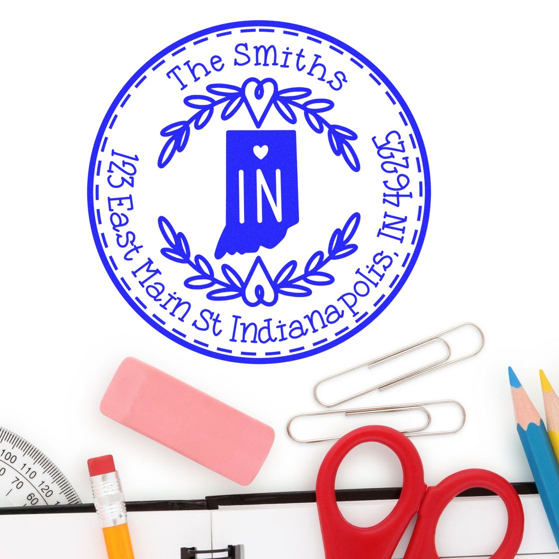 Wooden Handle Round Indiana State Wreath Home Address For Envelopes Stamp - Engineer Seal Stamps