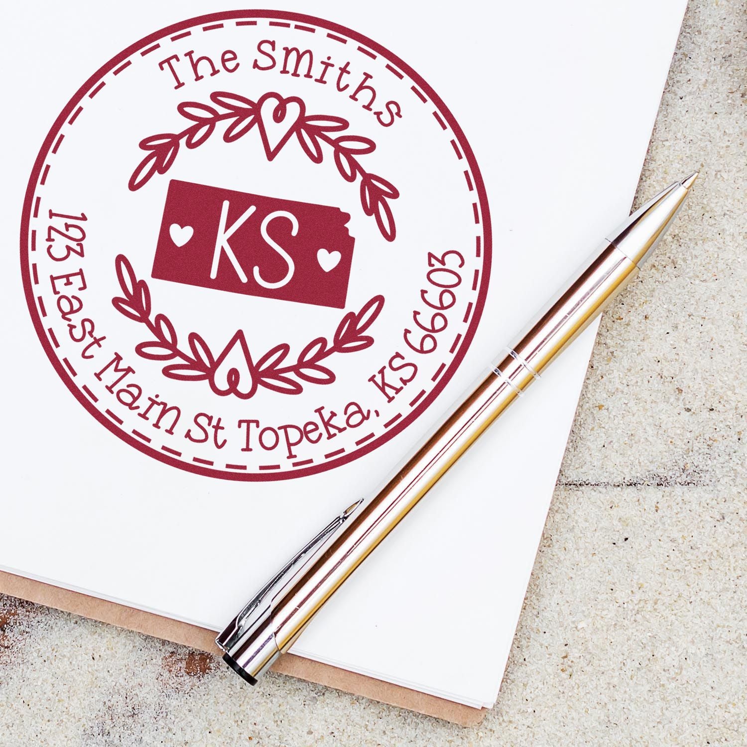 Slim Kansas State Wreath Customizable Name and Address Pre-Inked Stamp - Engineer Seal Stamps