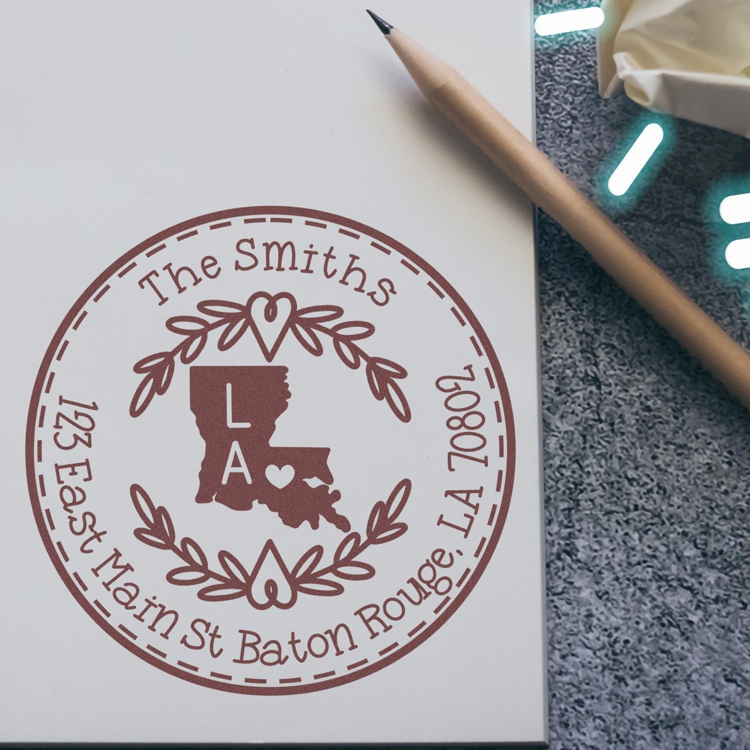 Wooden Handle Round Louisiana State Wreath Home Address Rubber Stamp - Engineer Seal Stamps