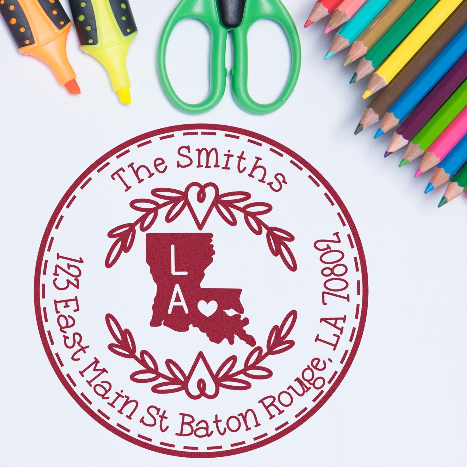 Slim Louisiana State Wreath Customizable Name and Address Pre-Inked Stamp - Engineer Seal Stamps