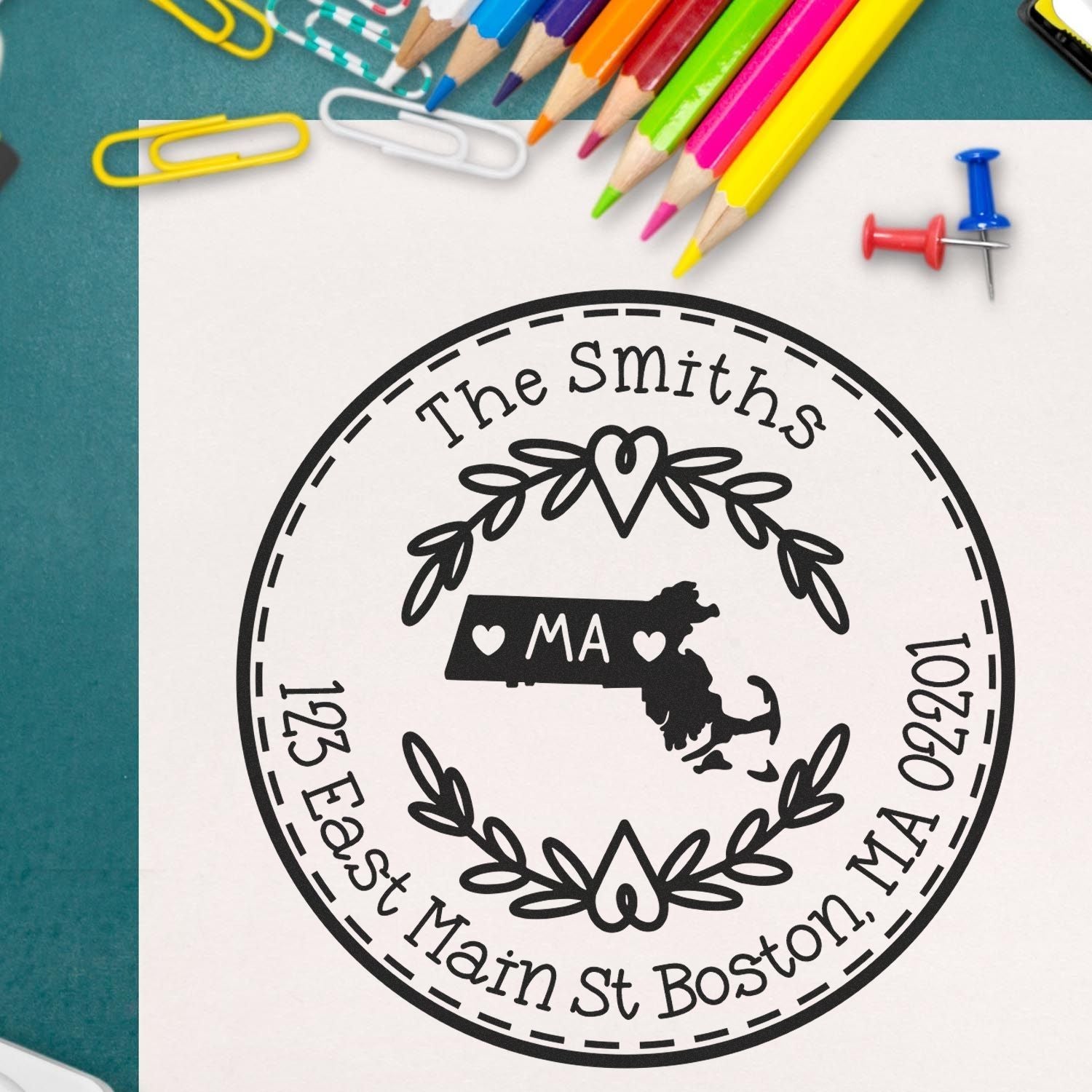 Slim Massachusetts State Wreath Customizable New Address Pre-Inked Stamp - Engineer Seal Stamps