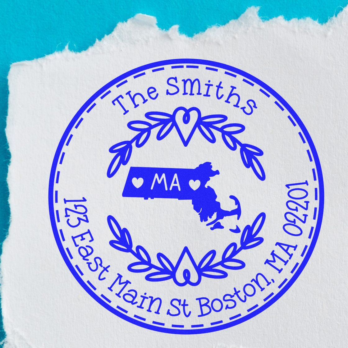 Slim Massachusetts State Wreath Customizable New Address Pre-Inked Stamp - Engineer Seal Stamps