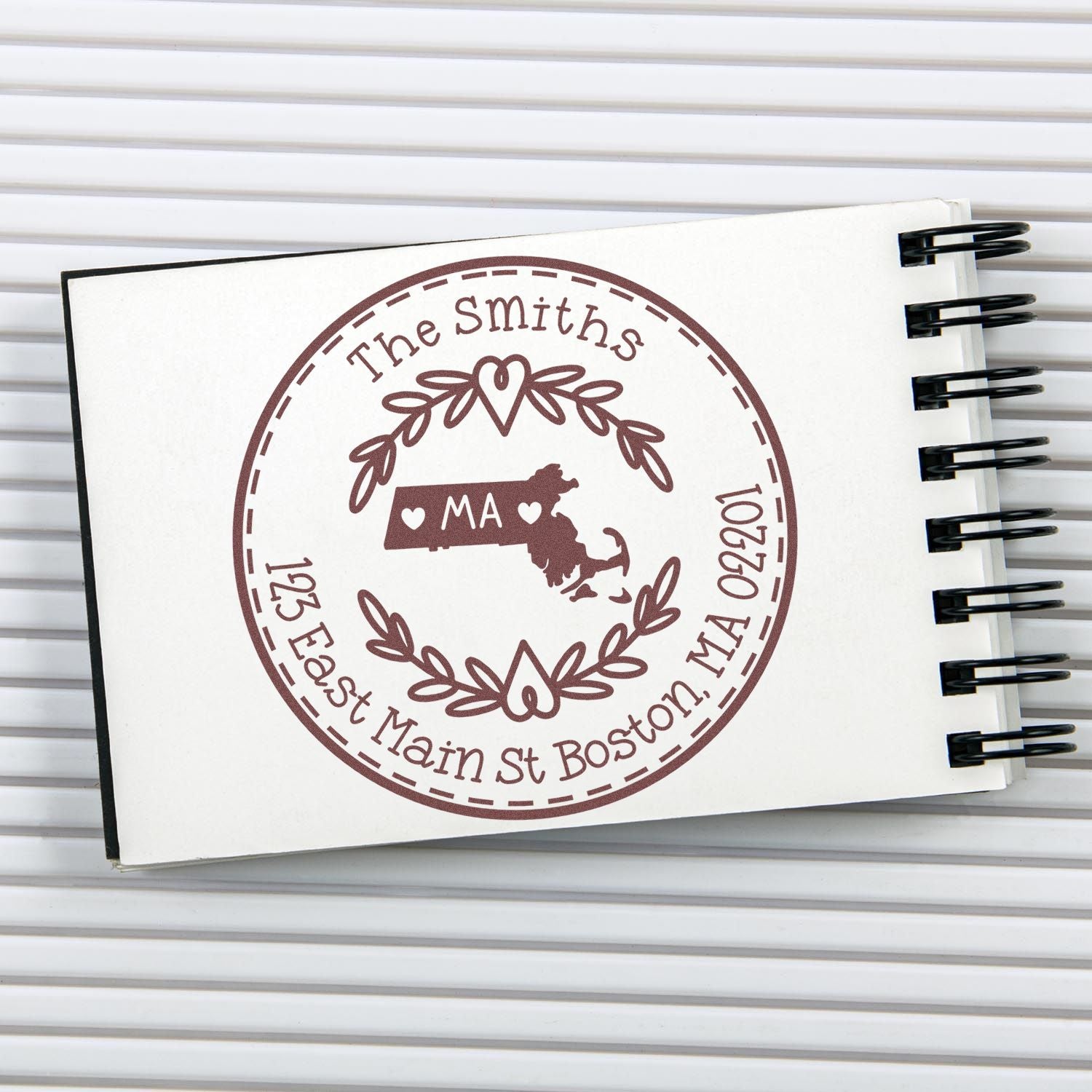 Wooden Handle Round Massachusetts State Wreath Mail Address Rubber Stamp - Engineer Seal Stamps