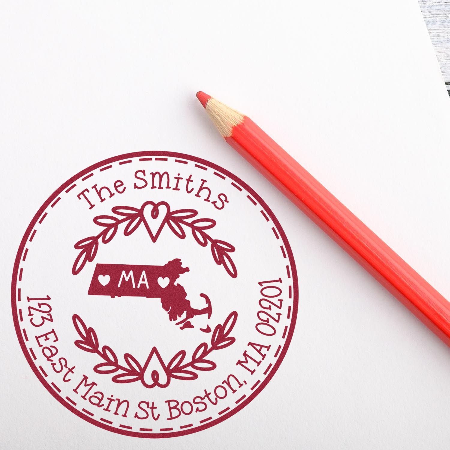 Self-Inking Round Massachusetts State Wreath Custom-Made Mail Address Stamp - Engineer Seal Stamps