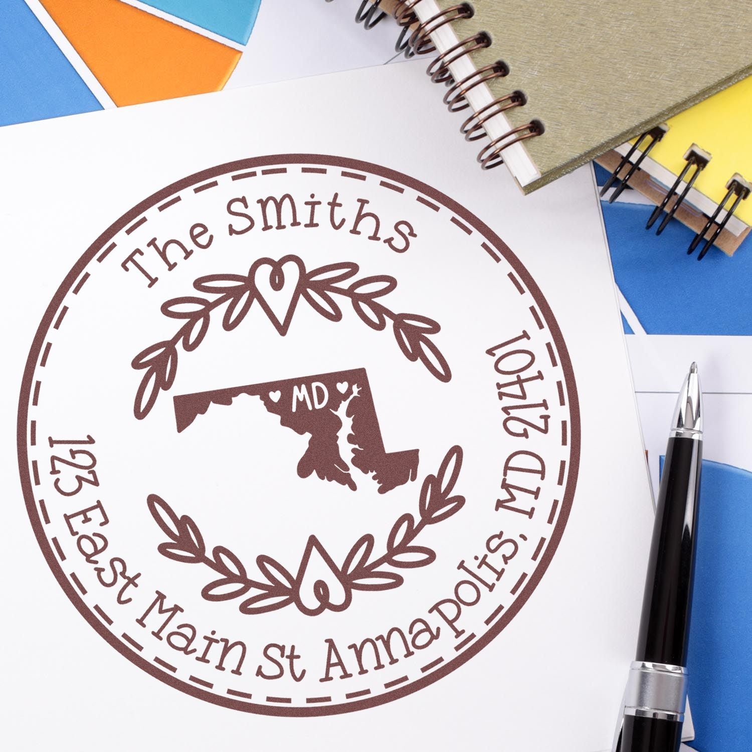 Wooden Handle Round Maryland State Wreath Mail Address Stamp - Engineer Seal Stamps