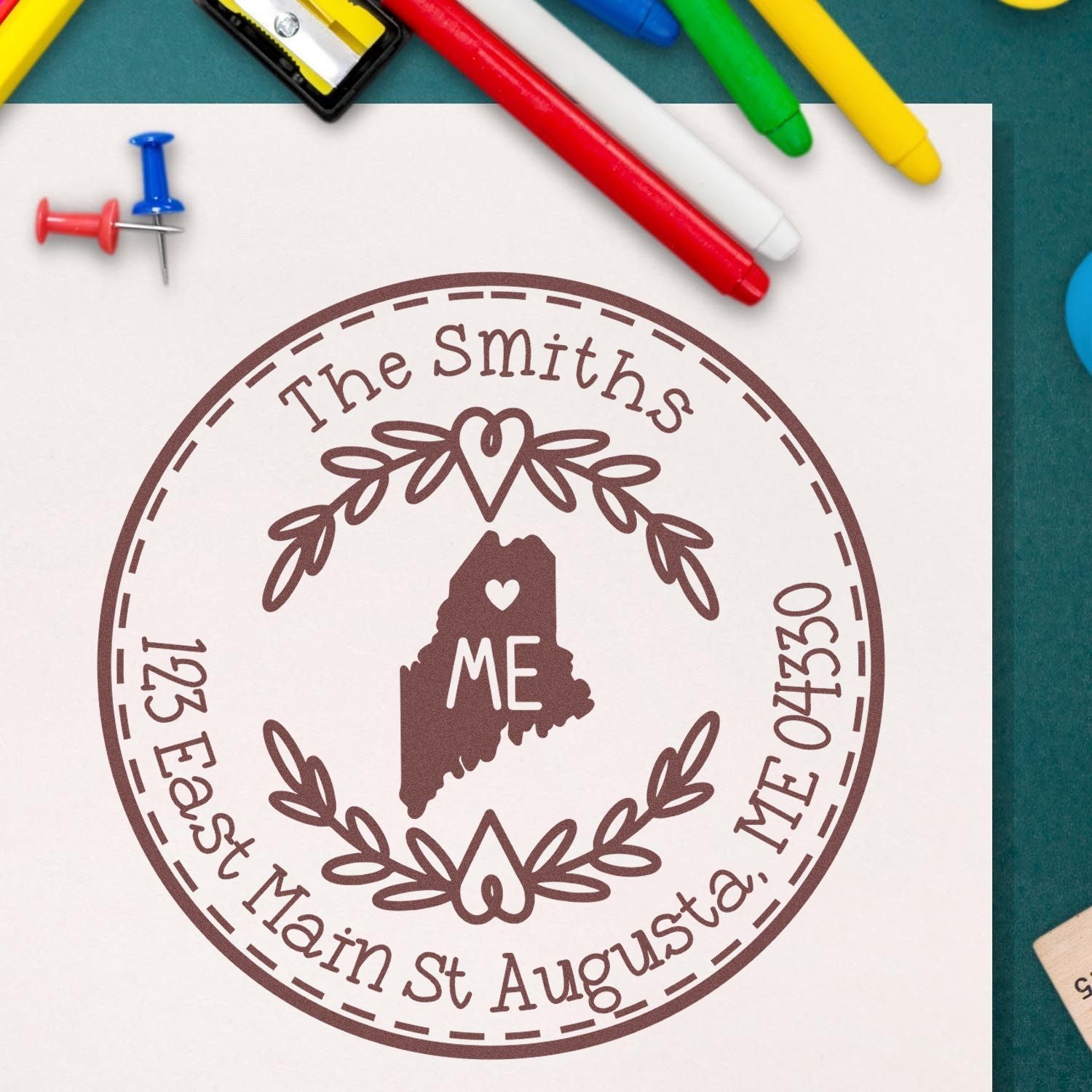 Self-Inking Round Maine State Wreath Custom-Made Home Address Stamper - Engineer Seal Stamps