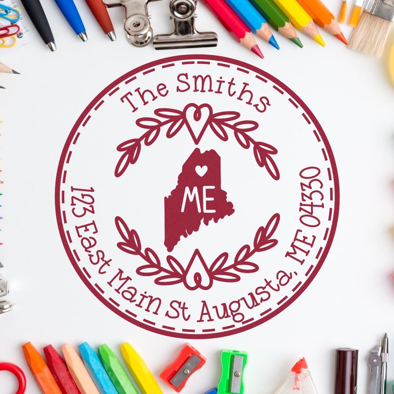 Self-Inking Round Maine State Wreath Custom-Made Home Address Stamper - Engineer Seal Stamps