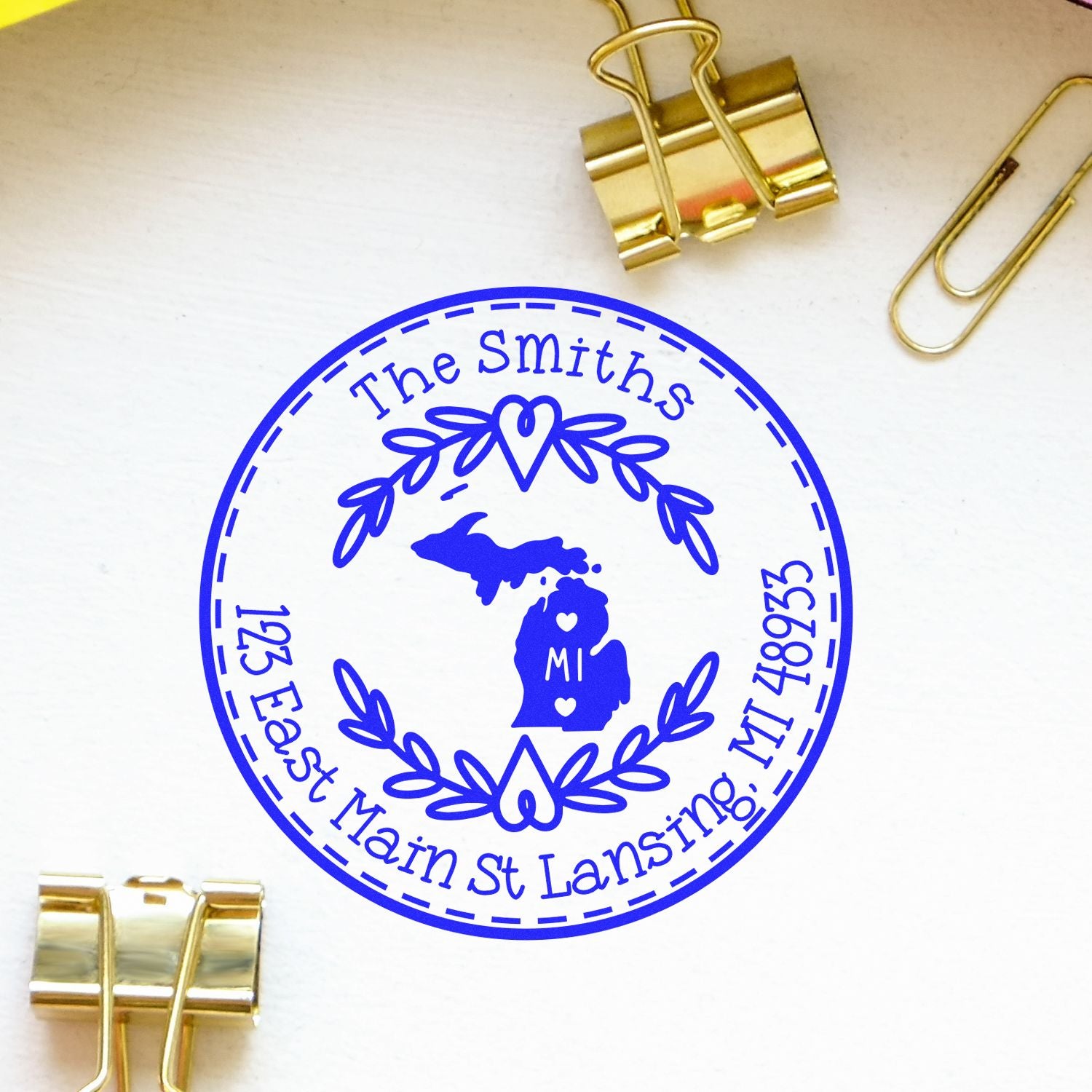 Wooden Handle Round Michigan State Wreath Mail Rubber Stamp - Engineer Seal Stamps