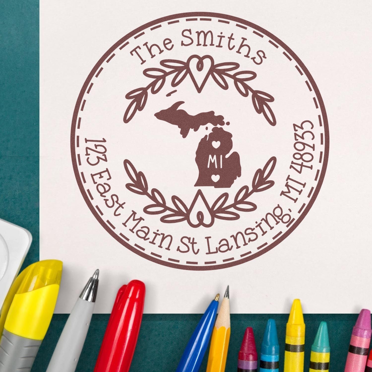 Round PSI Michigan State Wreath Customized Mailing Stamp - Engineer Seal Stamps