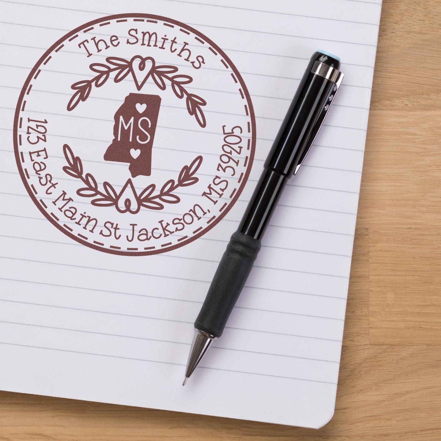 Wooden Handle Round Mississippi State Wreath Mail Rubber Stamp - Engineer Seal Stamps