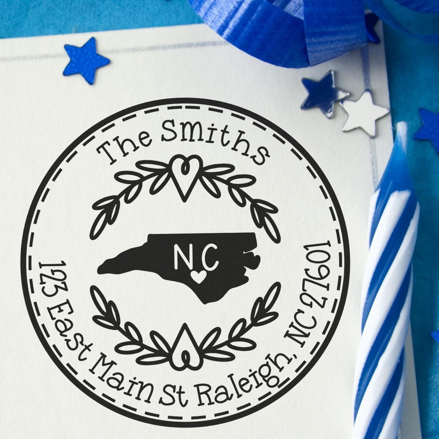 Wooden Handle Round North Carolina State Wreath Name and Address Rubber Stamp - Engineer Seal Stamps