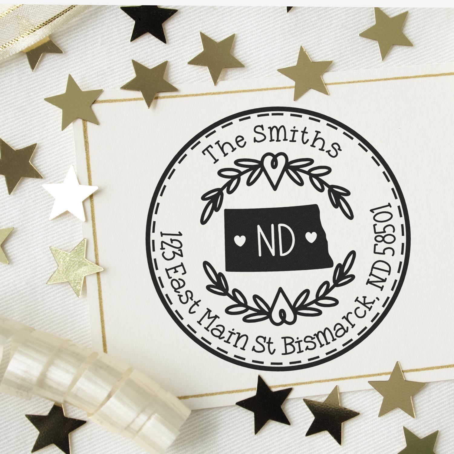 Wooden Handle Round North Dakota State Wreath New Address Rubber Stamp - Engineer Seal Stamps